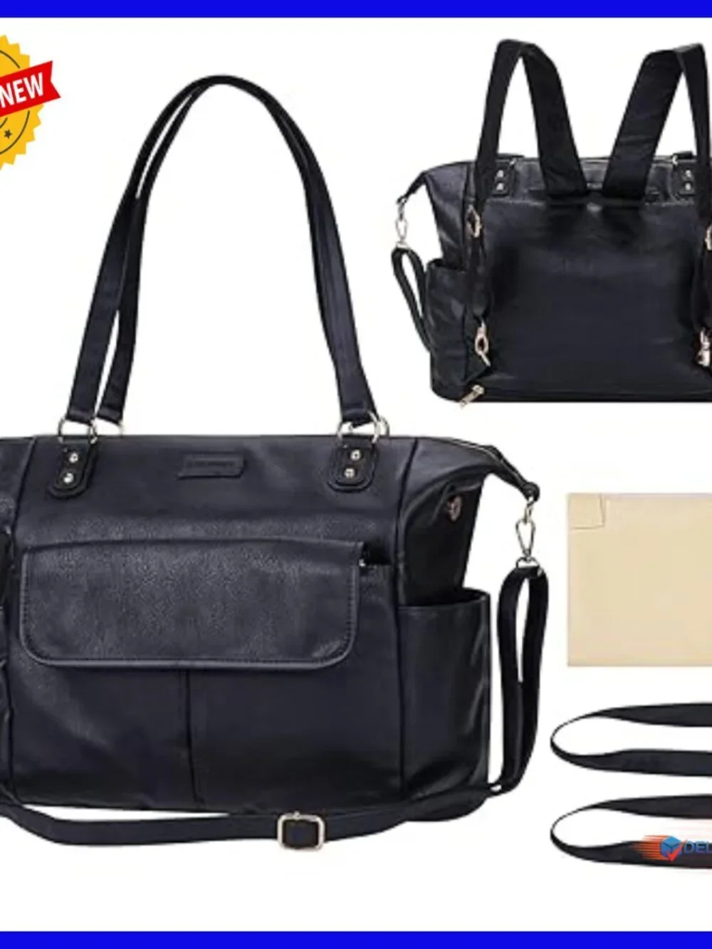 Large Leather Diaper Backpack Tote with 13 Pockets and Insulated Compartments